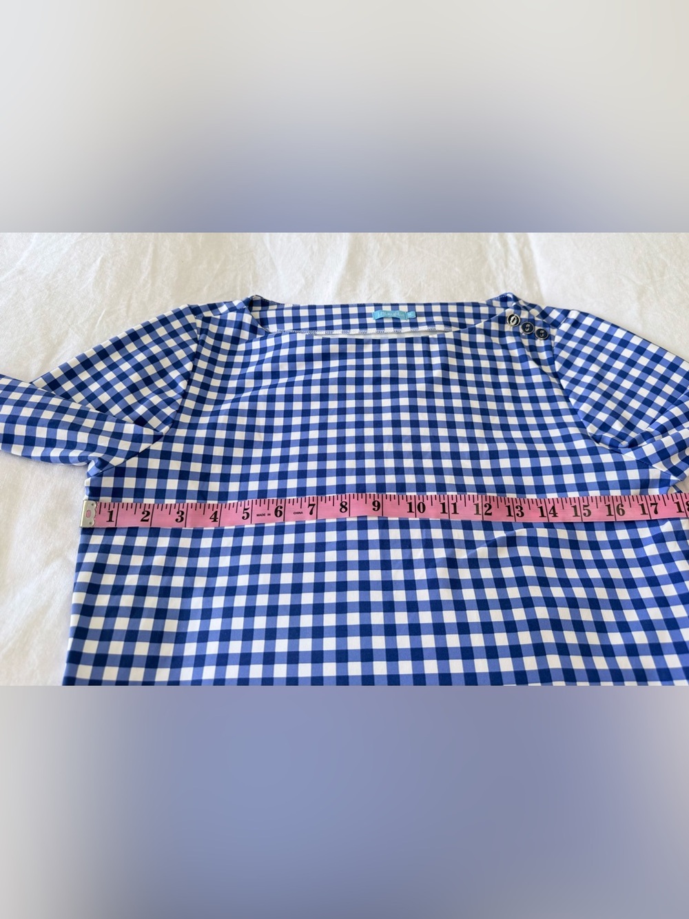 J. McLaughlin | SZ Medium | Blue White Gingham Top | 3/4 Sleeve Catalina Cloth - Picture 5 of 7